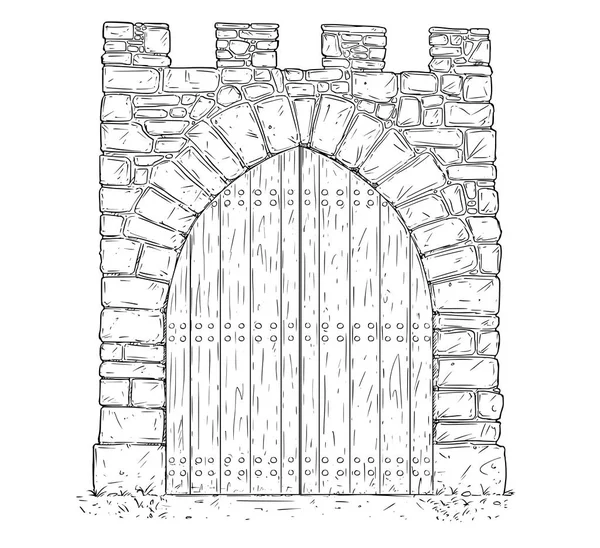 Kreskówka wektor kamień średniowiecznych decyzji Brama zamknięta przez drzwi drewniane — Wektor stockowy