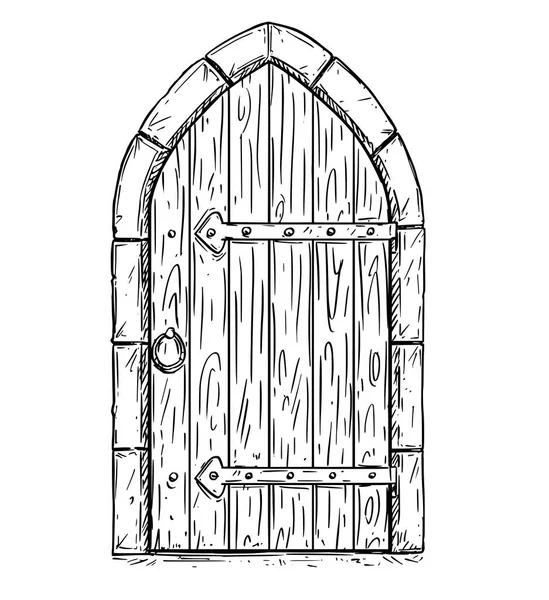 Cartoon Vector Drawing of Wooden Medieval Door Ditutup atau dikunci - Stok Vektor