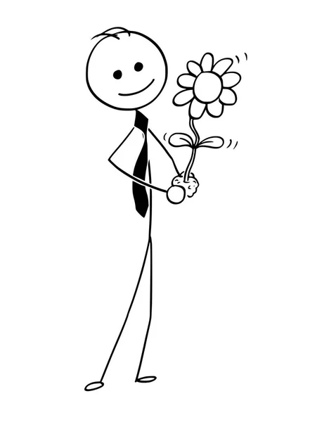 Cartoon of Businessman with Blooming Plant in Hand - Stok Vektor