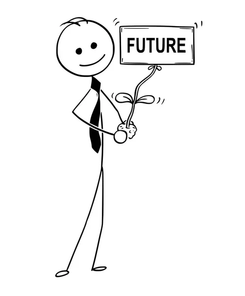 Caricatura del Empresario con Planta como Futuro Iniciar Sesión en la Mano — Vector de stock