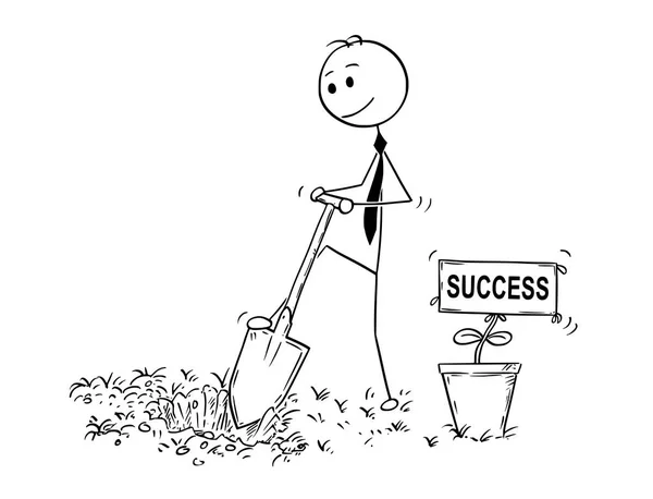 Desenhos animados de Empresário cavando um buraco para planta com sinal de sucesso —  Vetores de Stock