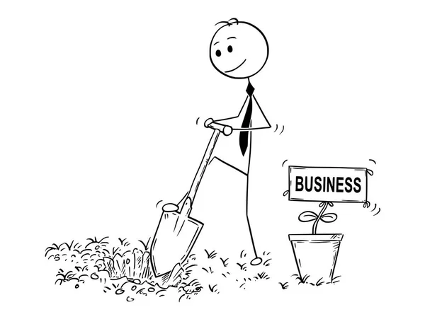 Caricatura del Empresario cavando un agujero para la planta con signo de negocio — Vector de stock