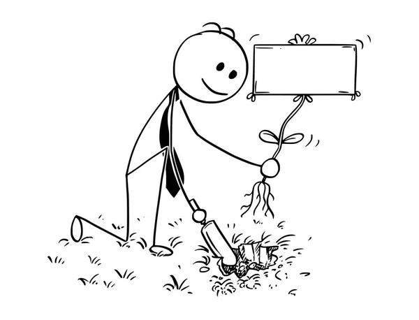 Caricature d'un homme d'affaires creusant un trou pour l'usine avec signe vide — Image vectorielle