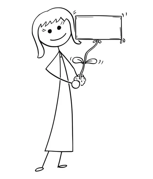 Caricature de femme d'affaires avec usine comme signe vide dans la main — Image vectorielle