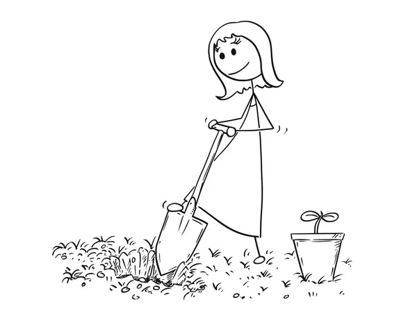 Dibujos animados de la mujer jardinero cavando un agujero para la planta — Vector de stock