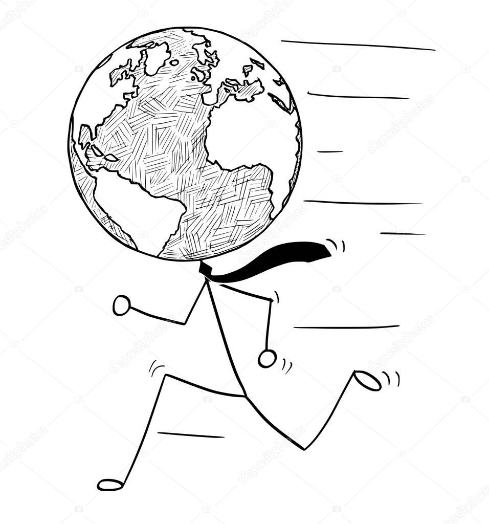 Cartoon of Running Businessman with Earth World Globe as Head