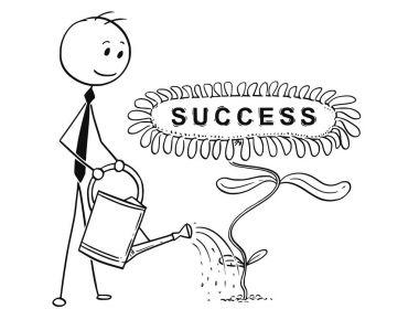 Karikatür ile başarı işareti olarak çiçek çiçek açan bitki sulama işadamı bahçıvan