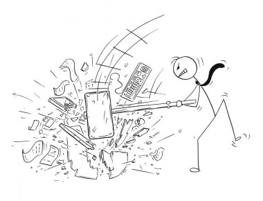Karikatür kızgın işadamı Office bilgisayar tarafından büyük balyoz veya çekiç yok