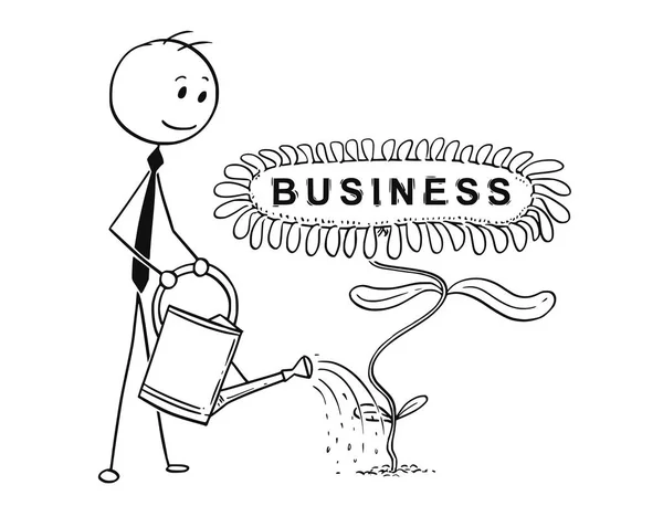 Caricature de l'homme d'affaires jardinier arrosage floraison usine avec fleur comme signe d'affaires — Image vectorielle