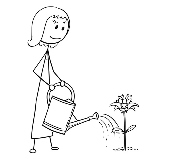Kreslený zahradník ženu zavlažovací kvetoucí rostlina — Stockový vektor