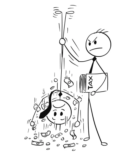 Карикатура на клерка налогоплательщика, вытряхивающего деньги для налогообложения у бизнесмена — стоковый вектор