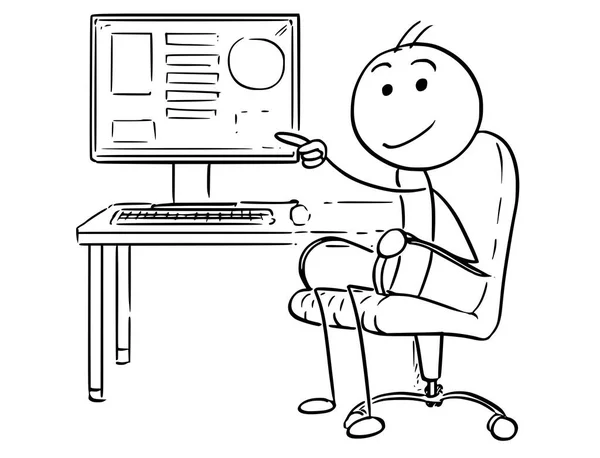 컴퓨터 화면에서 가리키는 사업가의 만화 — 스톡 벡터