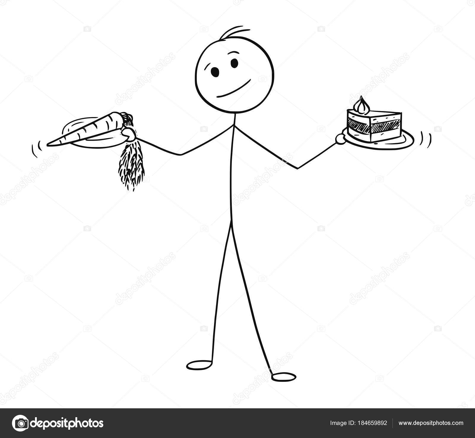 Tegnefilm af mennesket beslutte med sund og usund mad i hænderne  Stockvektor af ©ursus@zdeneksasek.com 184659892, image size:1600x1475