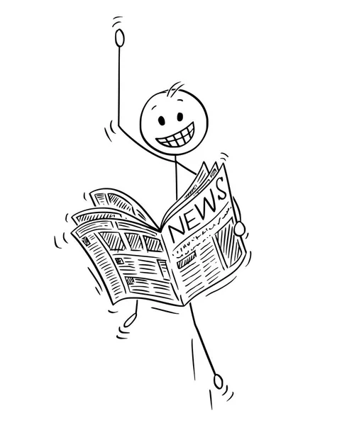 Cartoon of Happy Businessman Reading Good News in Newspaper — Stock Vector