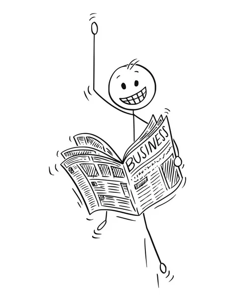 Caricatura del empresario feliz leyendo las buenas noticias del negocio en periódico — Vector de stock