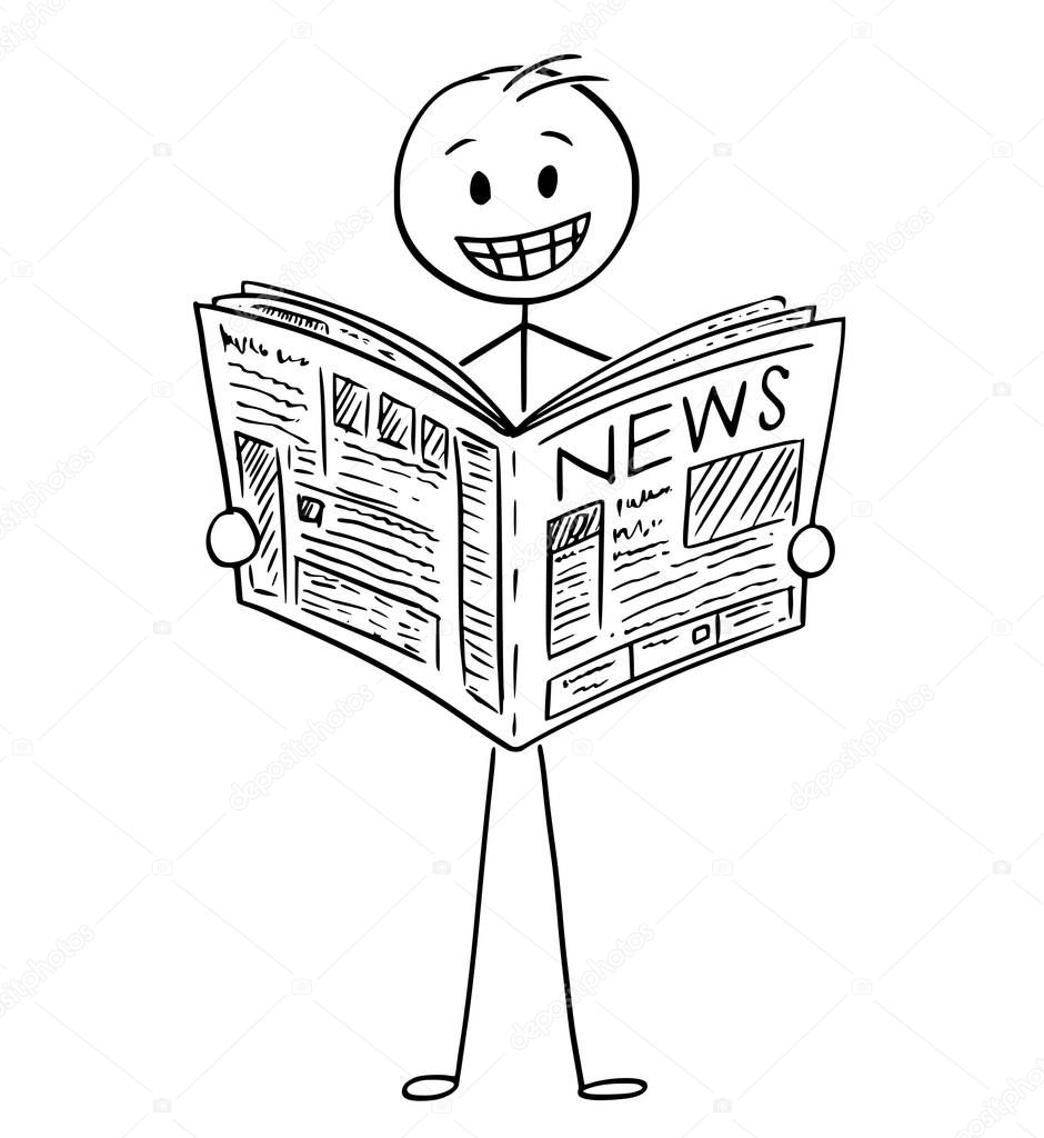 Cartoon of Smiling Businessman Reading Good News in Newspaper