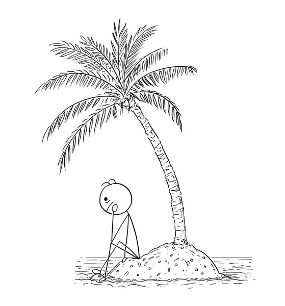 Cartoon of Lonely Man or Businessman Sitting on Small Island under Palm Tree — Stock Vector