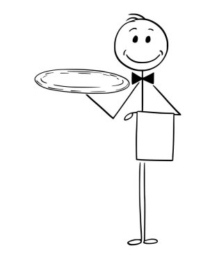 Cartoon of Waiter Holding Empty Silver Tray clipart