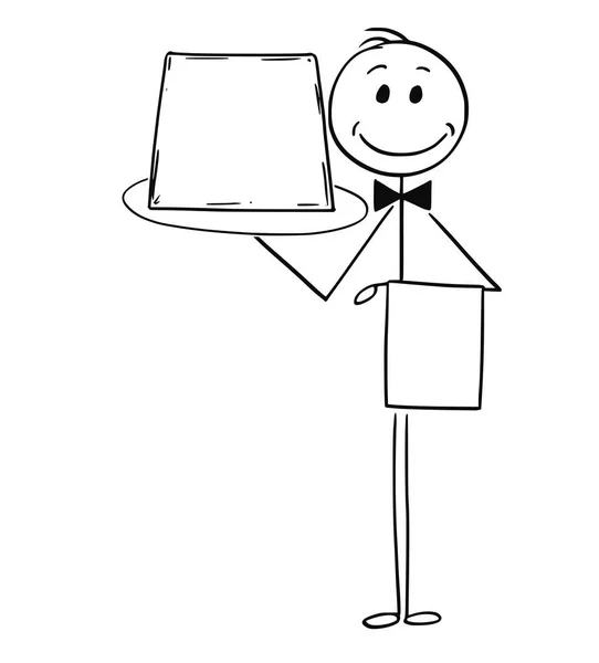 Cartone animato del cameriere che tiene il vassoio con segno vuoto o vuoto — Vettoriale Stock