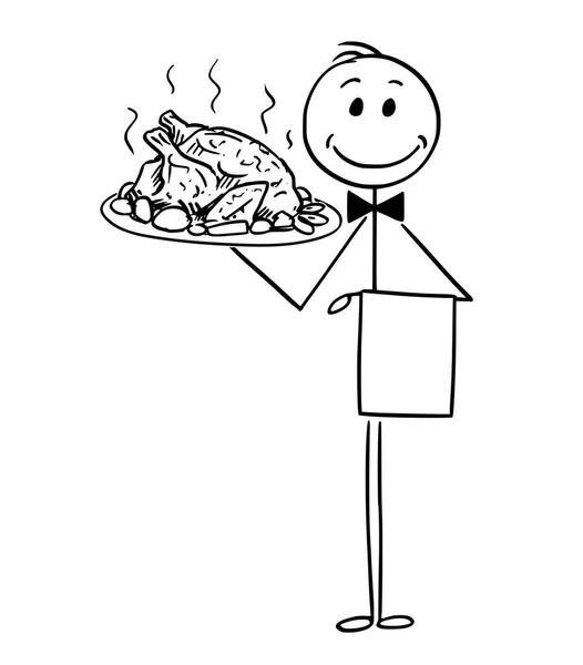 Karikatur des Kellners mit silbernem Teller oder Tablett mit gebratenem Huhn oder Truthahn — Stockvektor