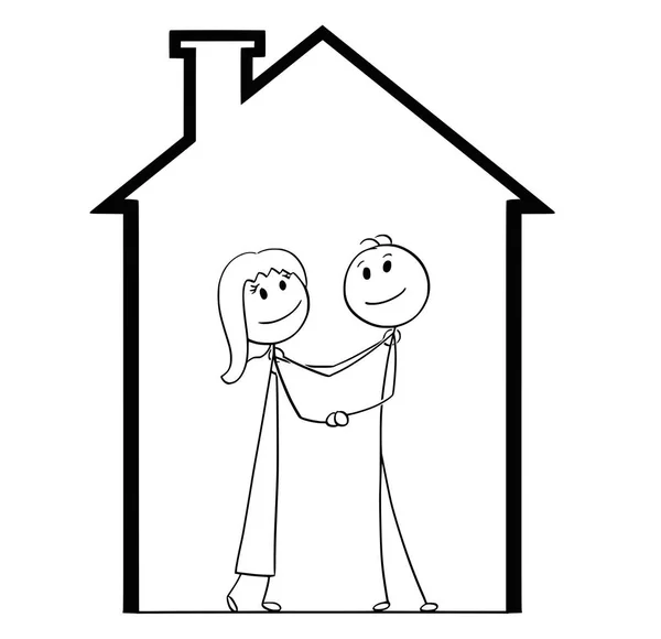 家と家を新しい夢見て若いカップルの漫画 — ストックベクタ