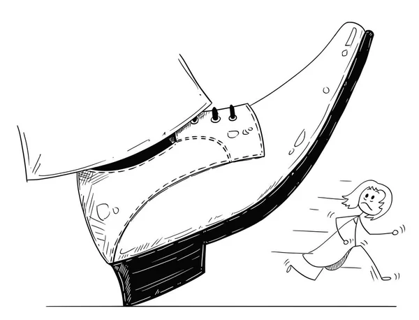 Caricature de grande chaussure de pied prêt à descendre sur la femme d'affaires — Image vectorielle