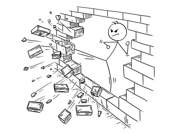 Cartoon of Businessman Kung Fu Kicking the Brick Wall