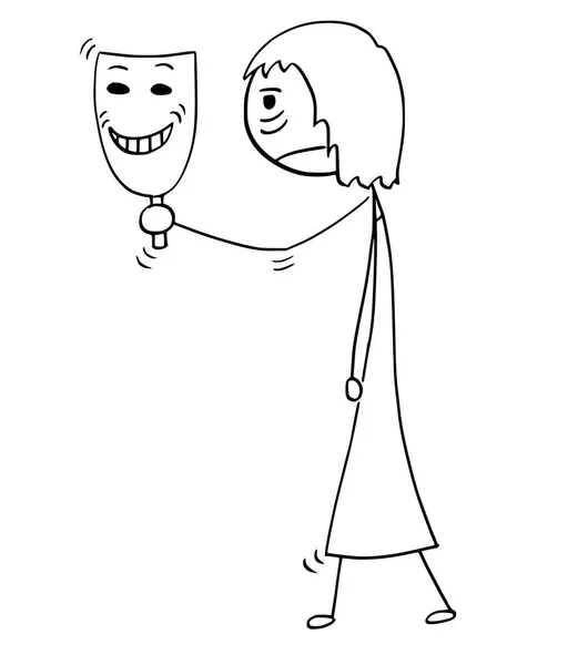 Cartoon of Sad or Tired Woman or Businesswoman Holding Happy Smiling Theater Mask - Stok Vektor