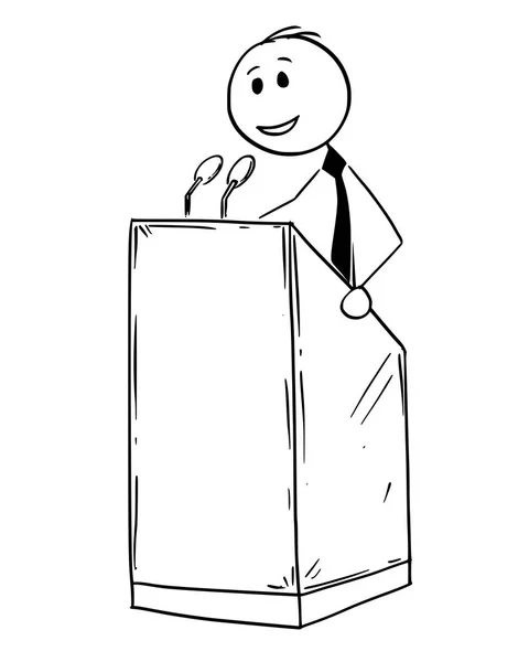 Γελοιογραφία του επιχειρηματία ομιλητής συνεδρίων ή ρήτορας στην εξέδρα πίσω από το αναλόγιο — Διανυσματικό Αρχείο