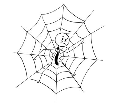 Karikatür işadamı örümcek ağı içinde sıkışmış