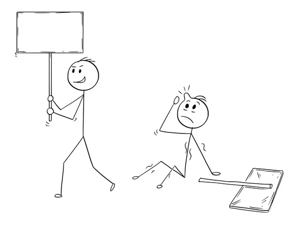 Cartoon of Businessman Walking with Empty Sign After he Hit Another Man with Sign - Stok Vektor