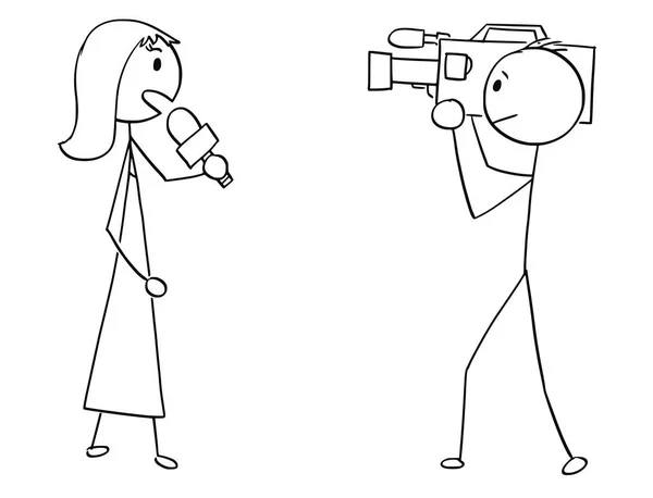 Desenhos animados de TV ou televisão notícias mulher repórter feminino e cameraman — Vetor de Stock