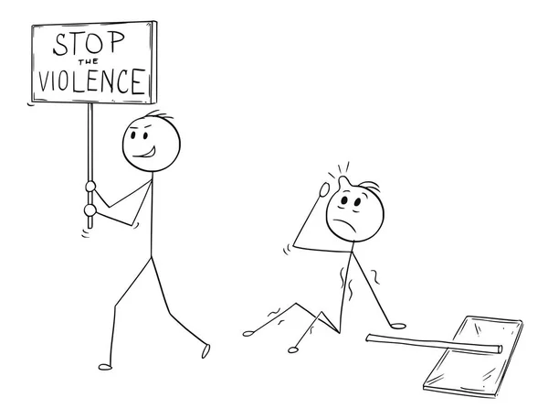 Caricatura del hombre de negocios caminando con señal de stop violence después de golpear a otro hombre con signo — Archivo Imágenes Vectoriales