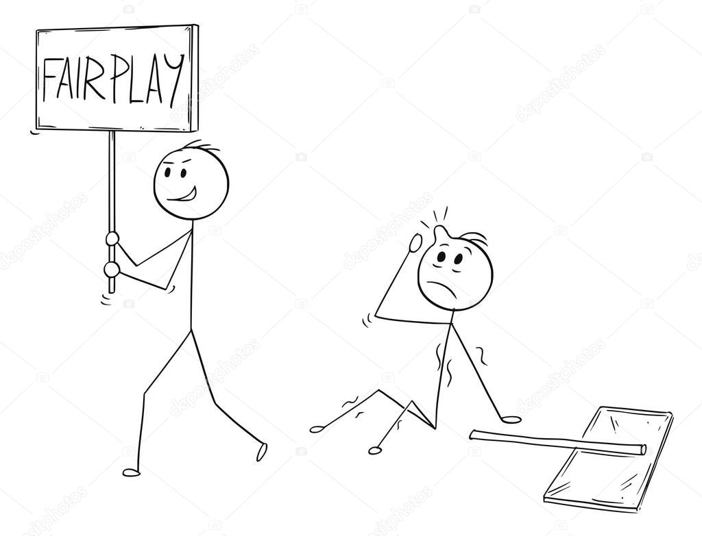 Cartoon of Businessman Walking with Fair Play Sign After he Hit Another Man with Sign