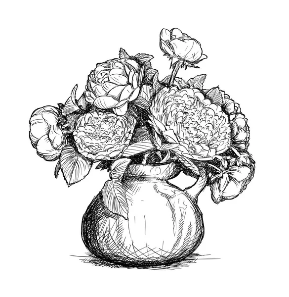 Dibujo a mano vectorial de ramo de flores de rosa y peonía en jarrón — Archivo Imágenes Vectoriales