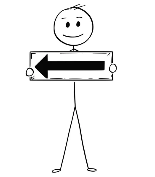 Cartone animato di uomo d'affari che tiene freccia segno puntando a sinistra — Vettoriale Stock