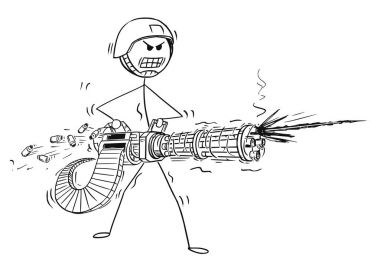 Cartoon of Soldier Shooting From Rotary Machine Gun Cannon clipart
