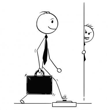 Karikatür işadamı yürüyüş ve adım kara mayını