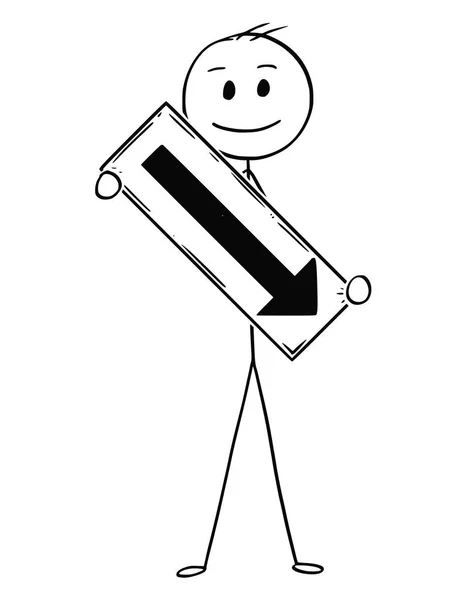 Caricatura del hombre de negocios sosteniendo el letrero de flecha apuntando hacia la derecha y hacia abajo — Archivo Imágenes Vectoriales