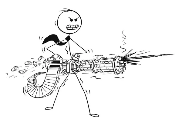 Desenhos animados de homem de negócios irritado tiroteio do canhão de metralhadora rotativa — Vetor de Stock