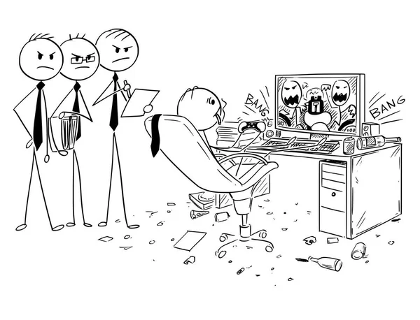 Kreskówka biznesmen picia, palenia i gry na komputerze w pracy — Wektor stockowy