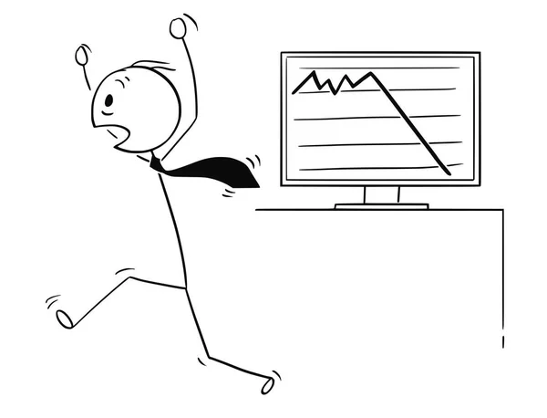 Desenhos animados de homem de negócios em pânico está correndo para fora assustado por gráfico —  Vetores de Stock