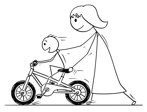 Desenhos animados de mãe e filho aprendendo a andar de bicicleta ou bicicleta — Vetor de Stock