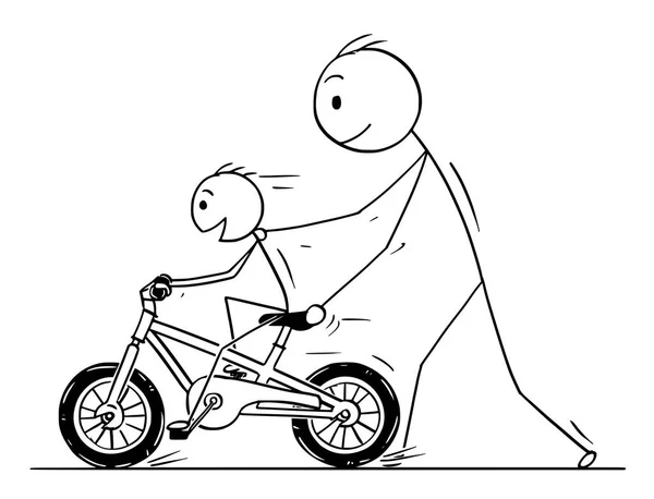 Dibujos animados de Padre e Hijo aprendiendo a andar en bicicleta o bicicleta — Archivo Imágenes Vectoriales