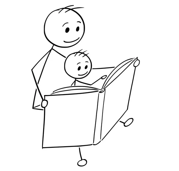 Dibujos animados del Padre y el Hijo leyendo un libro juntos — Vector de stock