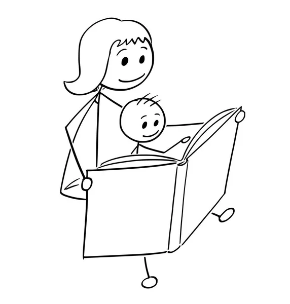 Desenhos animados de Mãe e Filho Lendo um Livro Juntos —  Vetores de Stock