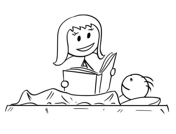 Dibujos animados de la madre leyendo cuentos para dormir o libro a hijo — Vector de stock