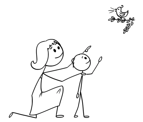 Dibujos animados de la madre y el hijo observando un pájaro salvaje en la naturaleza — Vector de stock