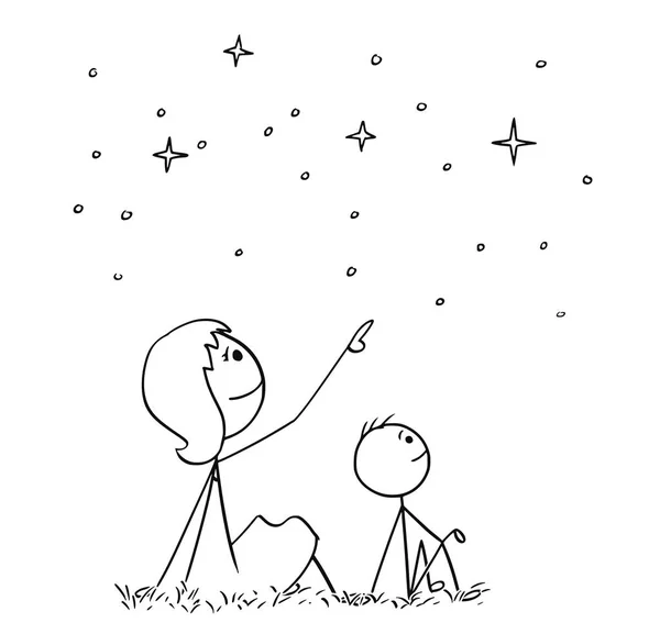 Мультфильм о матери и сыне, наблюдающих за ночным небом — стоковый вектор