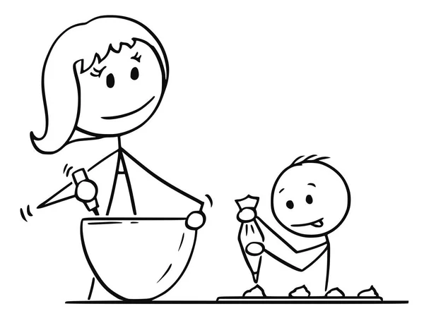 Desenhos animados de Mãe e Filho Cozinhar ou Assar Juntos — Vetor de Stock